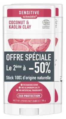 Schmidt's Sensitive Deodorant Stick Natural Coconut And Kaolin Clay 2 X 75g